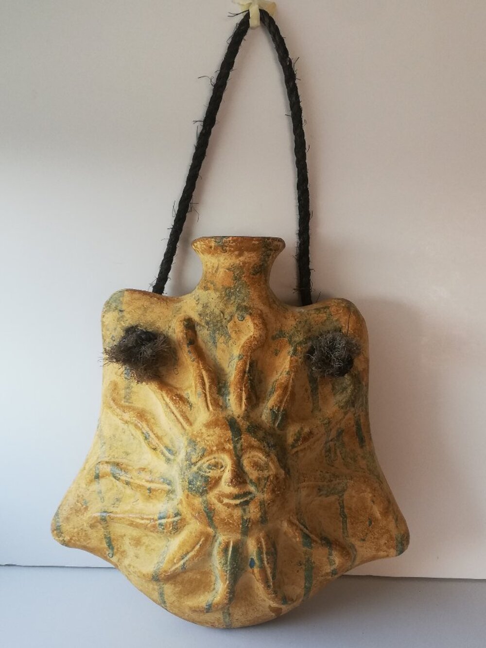 Vintage Mexican Folk Art Terracotta Sun Face Hanging Canteen Vase Wall Pocket